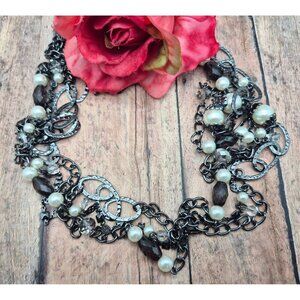 Premier Design Gun Metal Chain Necklace Faux Pearls Hammered Links Multi Strand